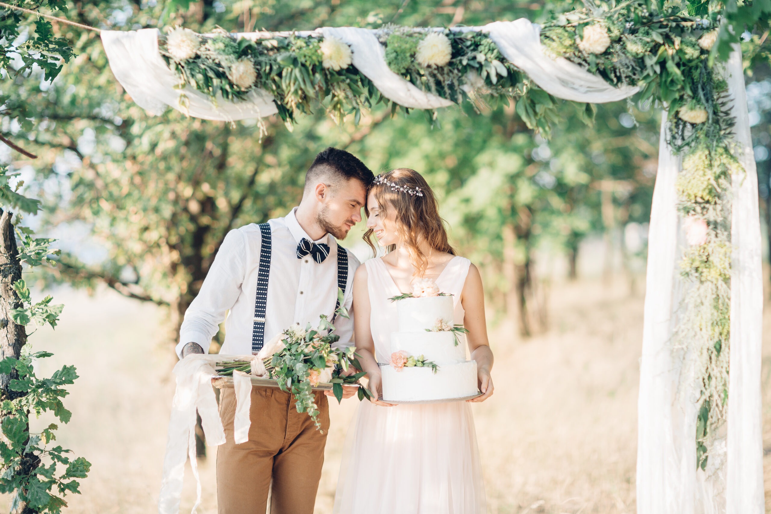 Bride and Groom Hugging at the Wedding in Nature